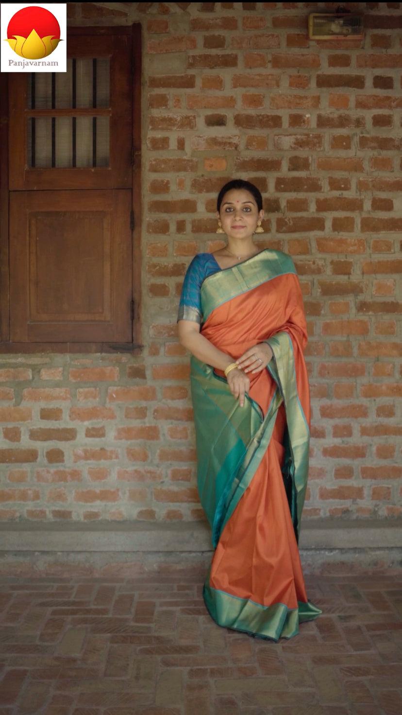 Orange And Sea Green Kanjivaram Silk Saree With Medium Border Handwoven Pure Silk For Festive Wear PV J 2955 - Silk Sari - Panjavarnam PV J 2955