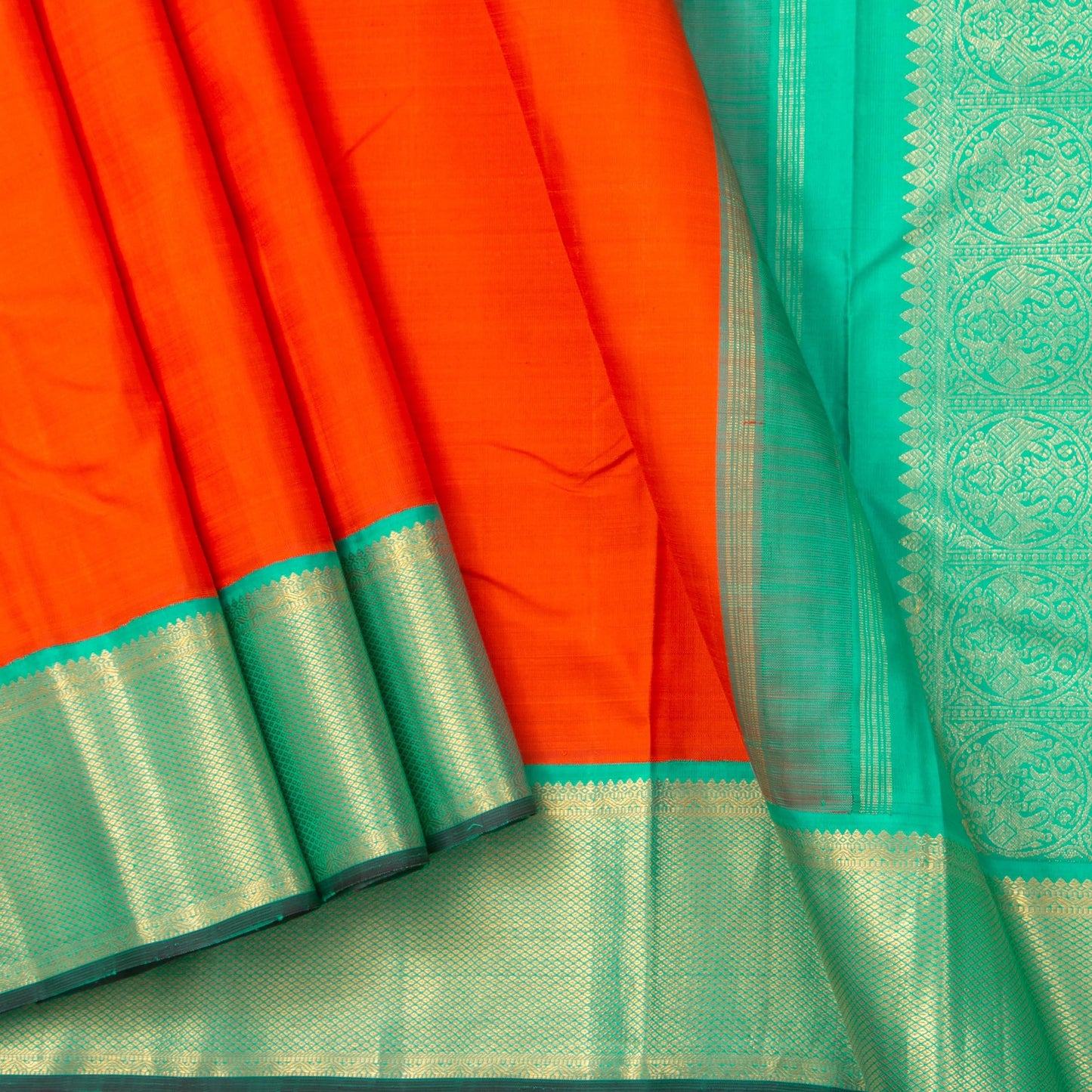 Orange And Sea Green Kanjivaram Silk Saree With Medium Border Handwoven Pure Silk For Festive Wear PV J 2955 - Silk Sari - Panjavarnam PV J 2955