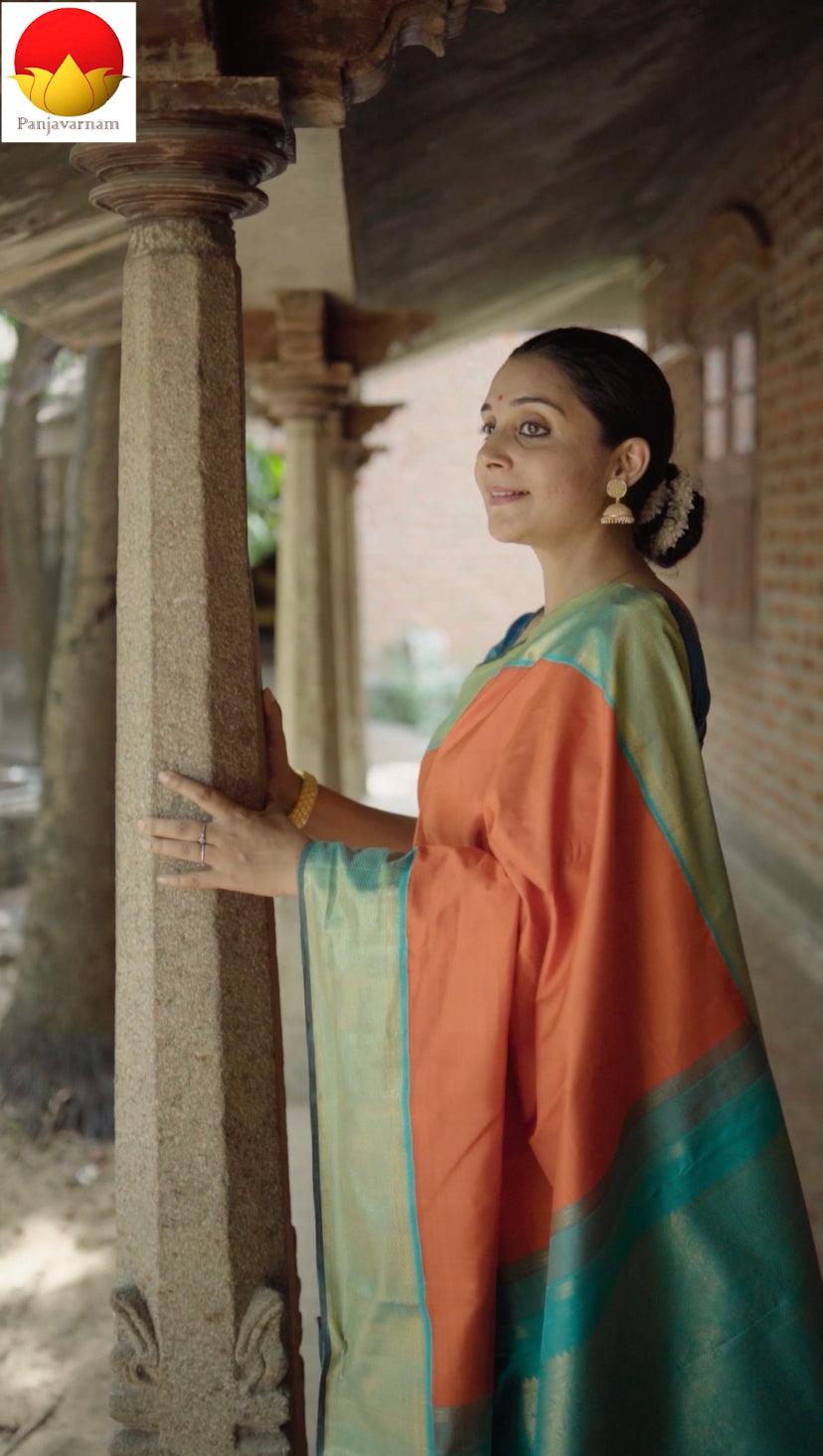 Orange And Sea Green Kanjivaram Silk Saree With Medium Border Handwoven Pure Silk For Festive Wear PV J 2955 - Silk Sari - Panjavarnam PV J 2955