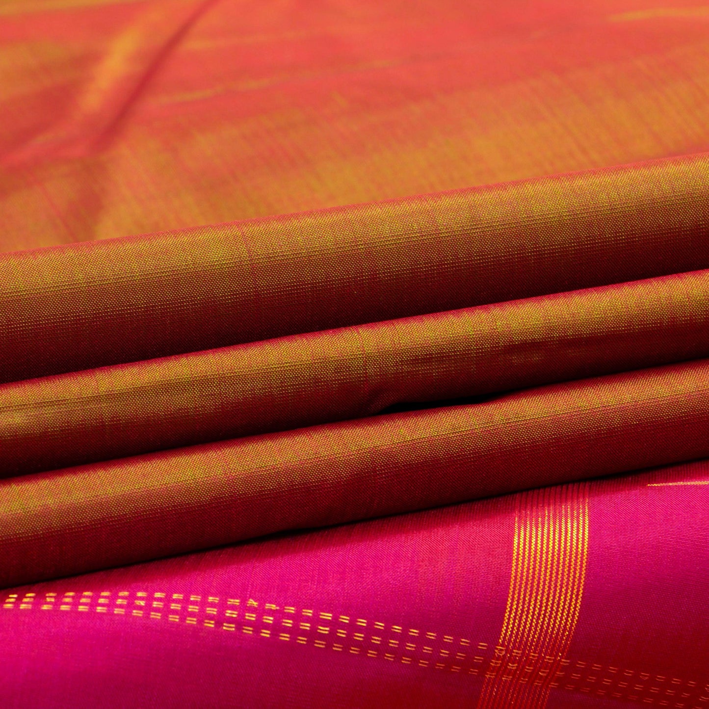 Orange, Pink And Mustard Mubbagam Kanchipuram Silk Saree For Festive Wear PV 2048 - Silk Sari - Panjavarnam PV 2048