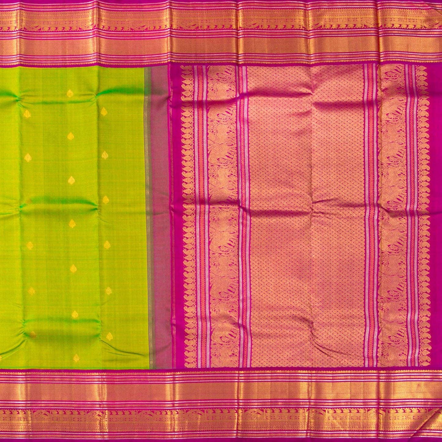 Parrot Green And Pink Kanchipuram Silk Saree For Wedding Wear PV J 5207 - Silk Sari - Panjavarnam PV J 5207