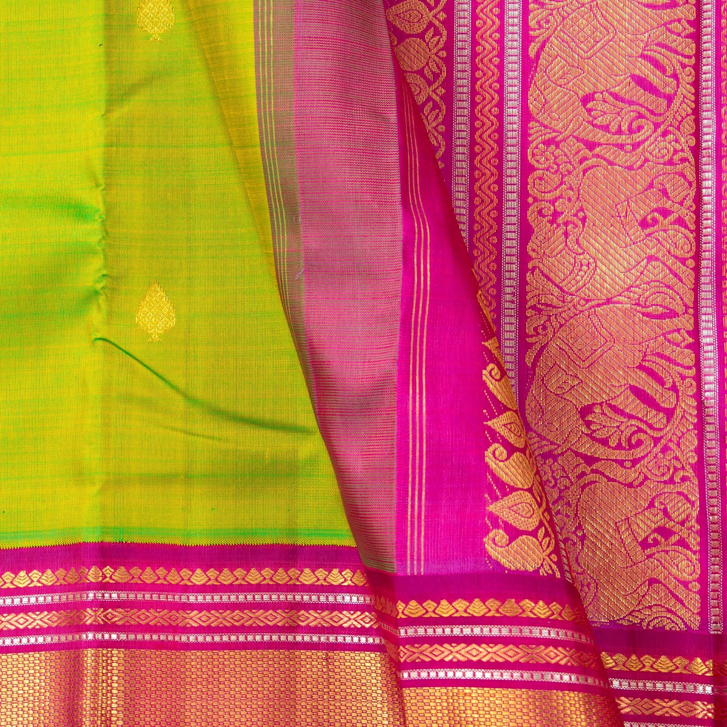 Parrot Green And Pink Kanchipuram Silk Saree For Wedding Wear PV J 5207 - Silk Sari - Panjavarnam PV J 5207