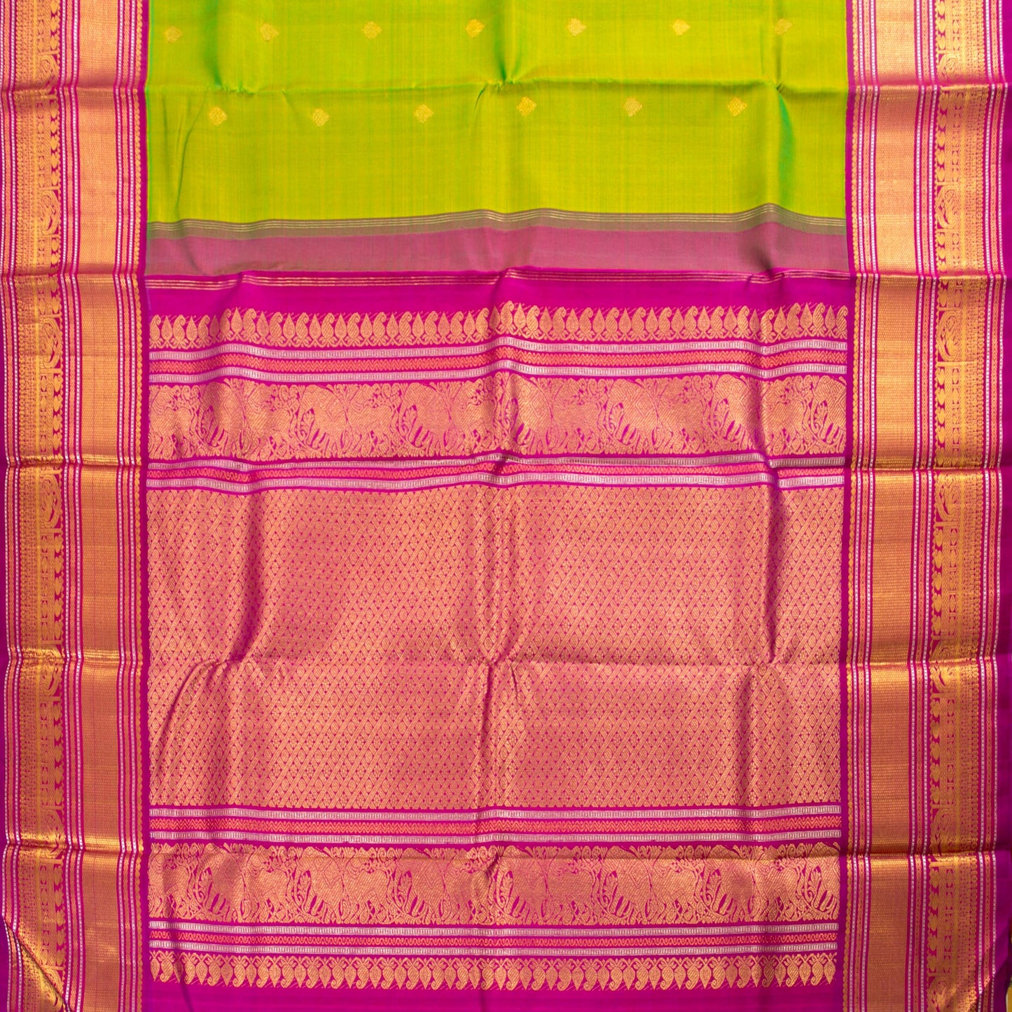 Parrot Green And Pink Kanchipuram Silk Saree For Wedding Wear PV J 5207 - Silk Sari - Panjavarnam PV J 5207