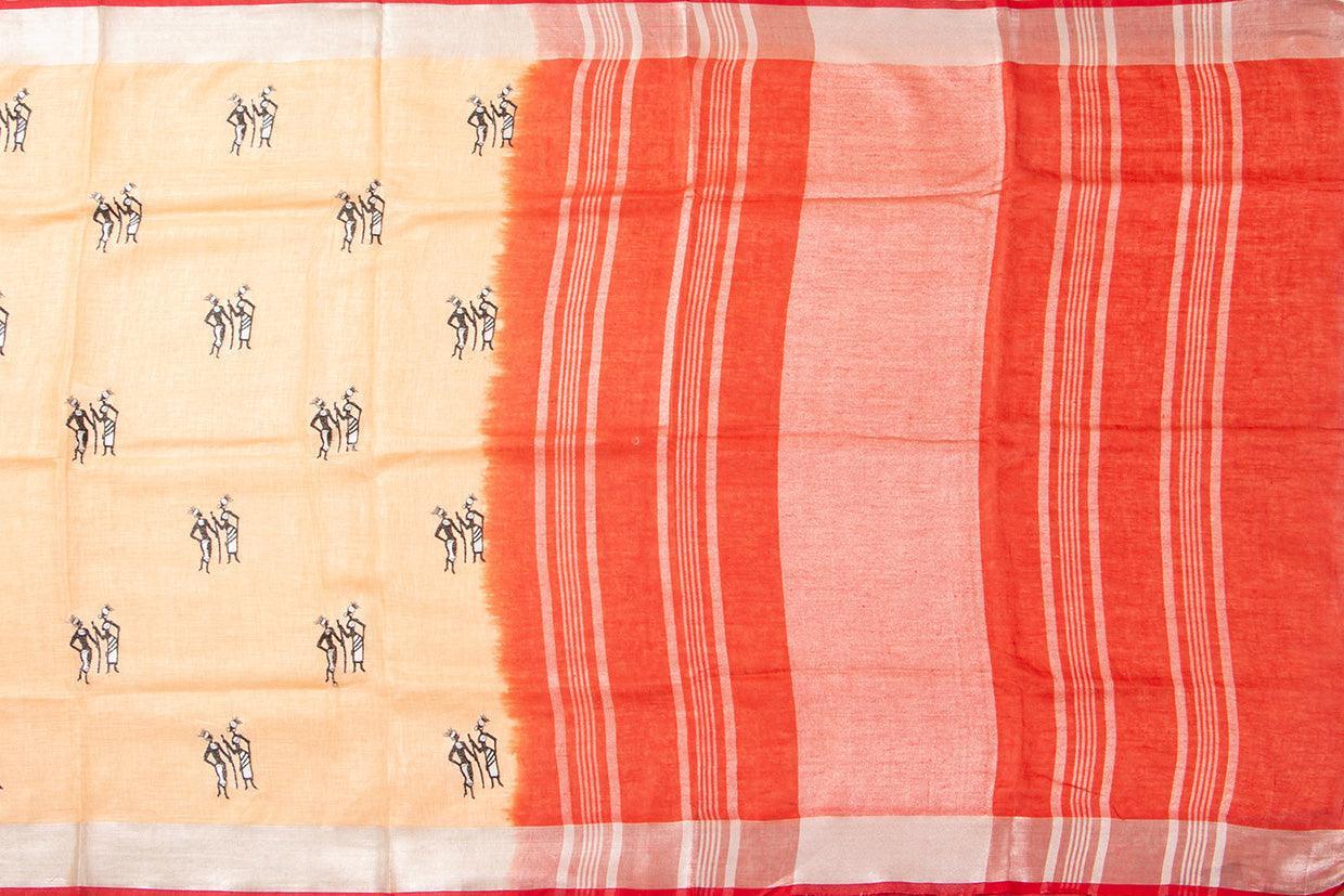 Pastel Peach Linen Saree With Embroidery And Silver Zari Border PL 2042 - Linen Sari - Panjavarnam PL 2042