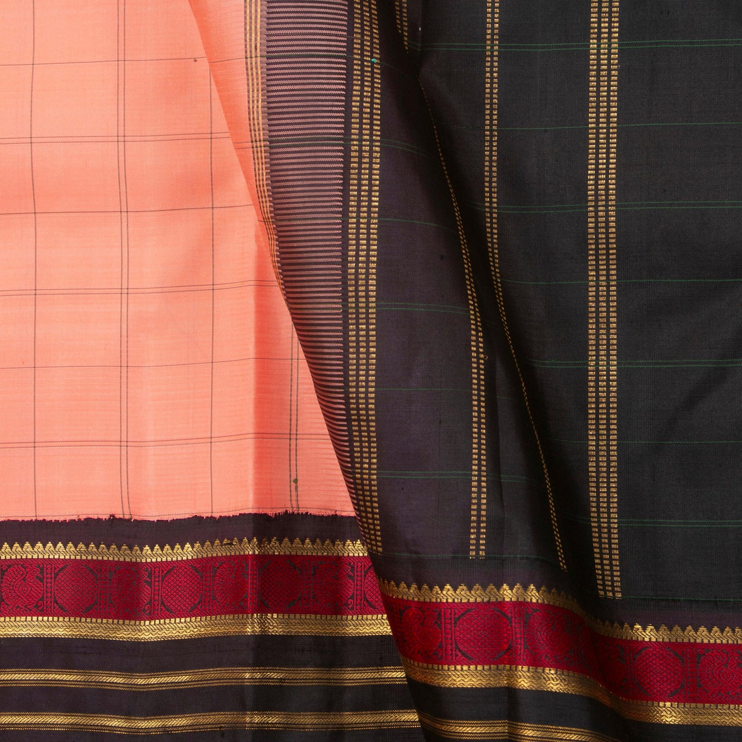 Peach And Black Kanchipuram Silk Saree For Festive Wear PV NYC 1333 - Silk Sari - Panjavarnam PV NYC 1333