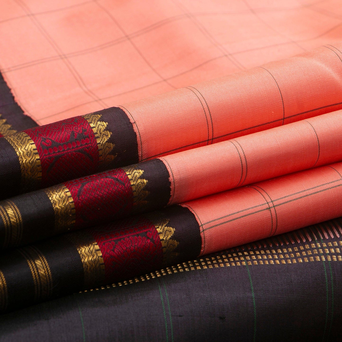 Peach And Black Kanchipuram Silk Saree For Festive Wear PV NYC 1333 - Silk Sari - Panjavarnam PV NYC 1333