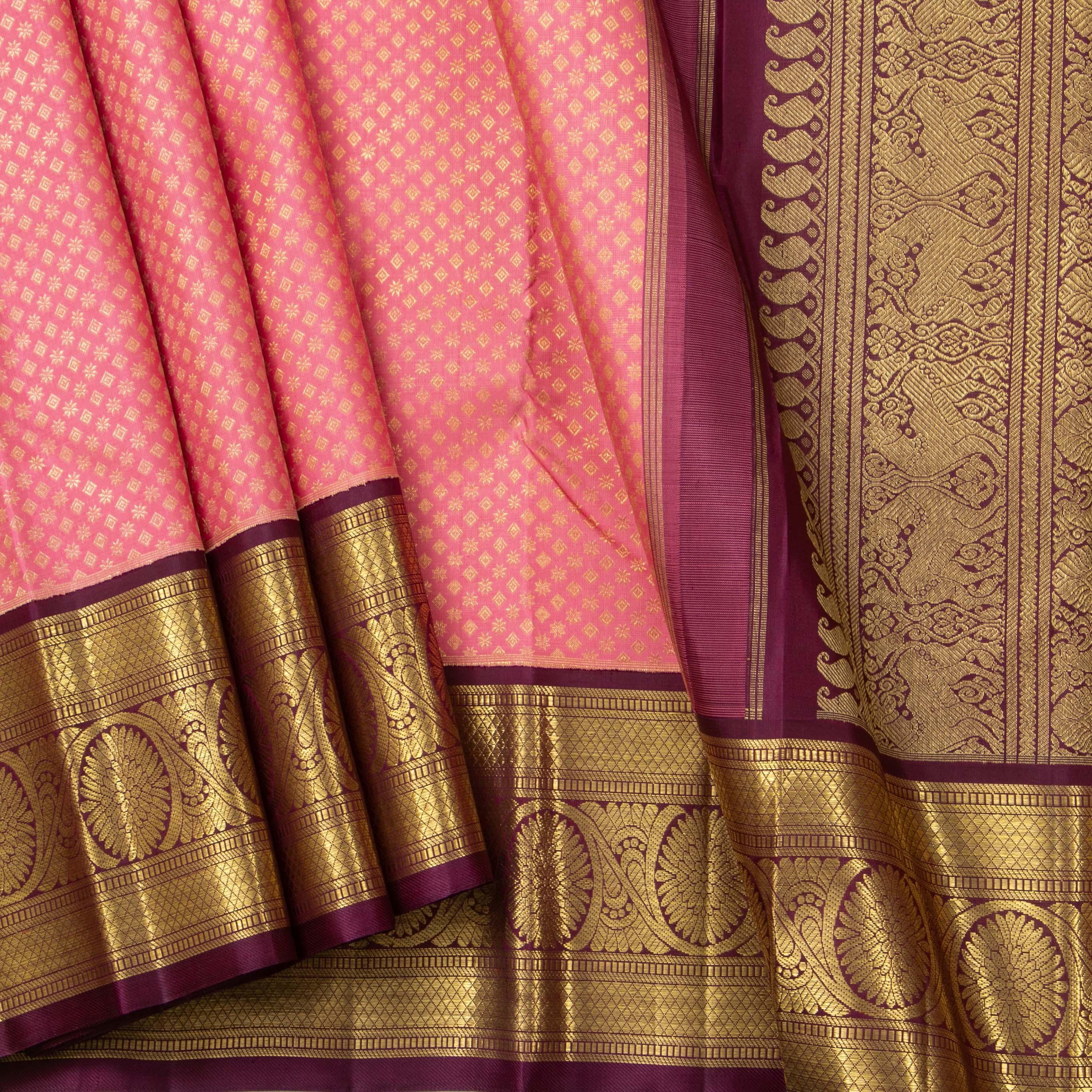 Peach And Maroon Kanchipuram Silk Saree With Medium Border Handwoven P