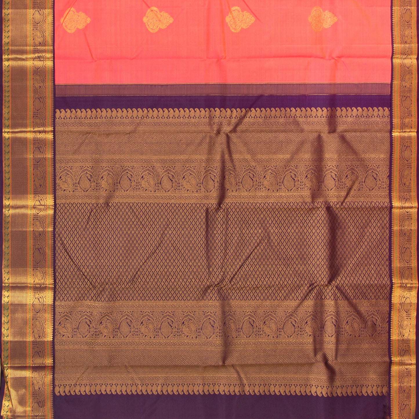 Peach And Purple Kanchipuram Silk Saree For Bridal Wear PV NYC 1261 - Silk Sari - Panjavarnam PV NYC 1261