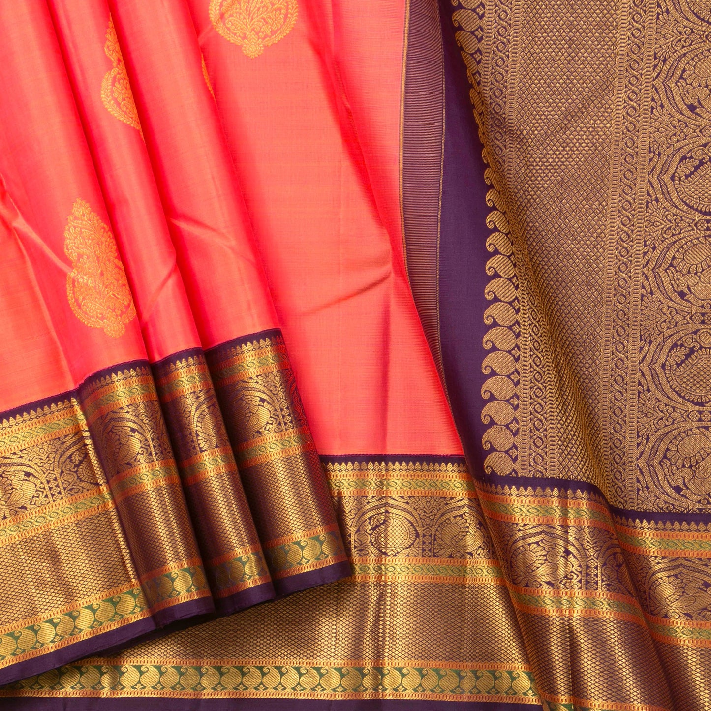 Peach And Purple Kanchipuram Silk Saree For Bridal Wear PV NYC 1261 - Silk Sari - Panjavarnam PV NYC 1261