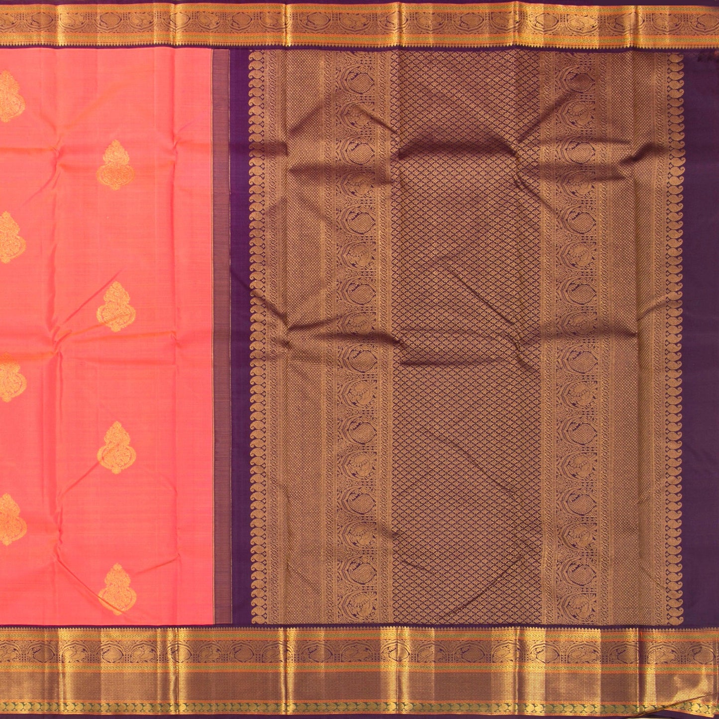 Peach And Purple Kanchipuram Silk Saree For Bridal Wear PV NYC 1261 - Silk Sari - Panjavarnam PV NYC 1261