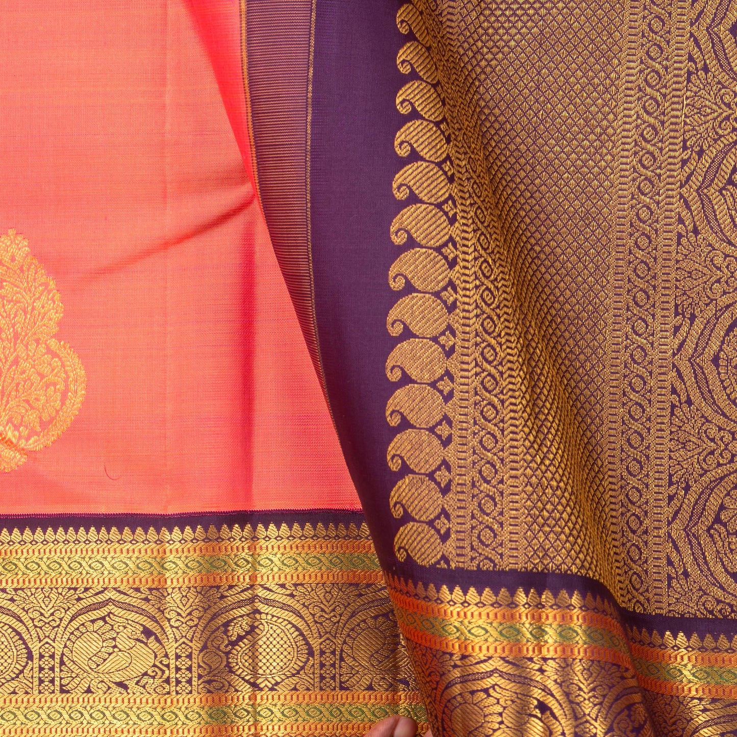 Peach And Purple Kanchipuram Silk Saree For Bridal Wear PV NYC 1261 - Silk Sari - Panjavarnam PV NYC 1261