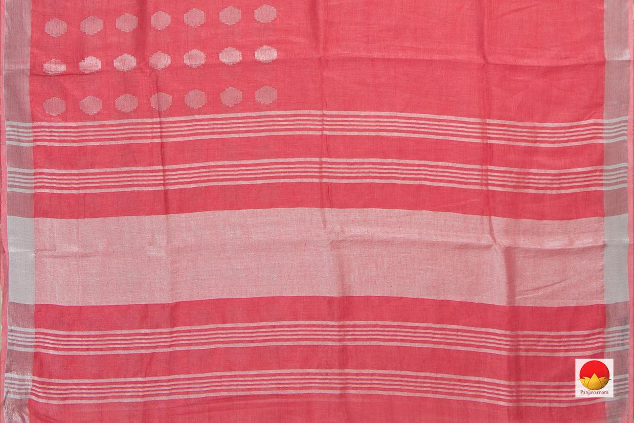 Peach Jamdani Pure Linen Saree With Silver Zari Border Handwoven PL 2014 - Linen Sari - Panjavarnam