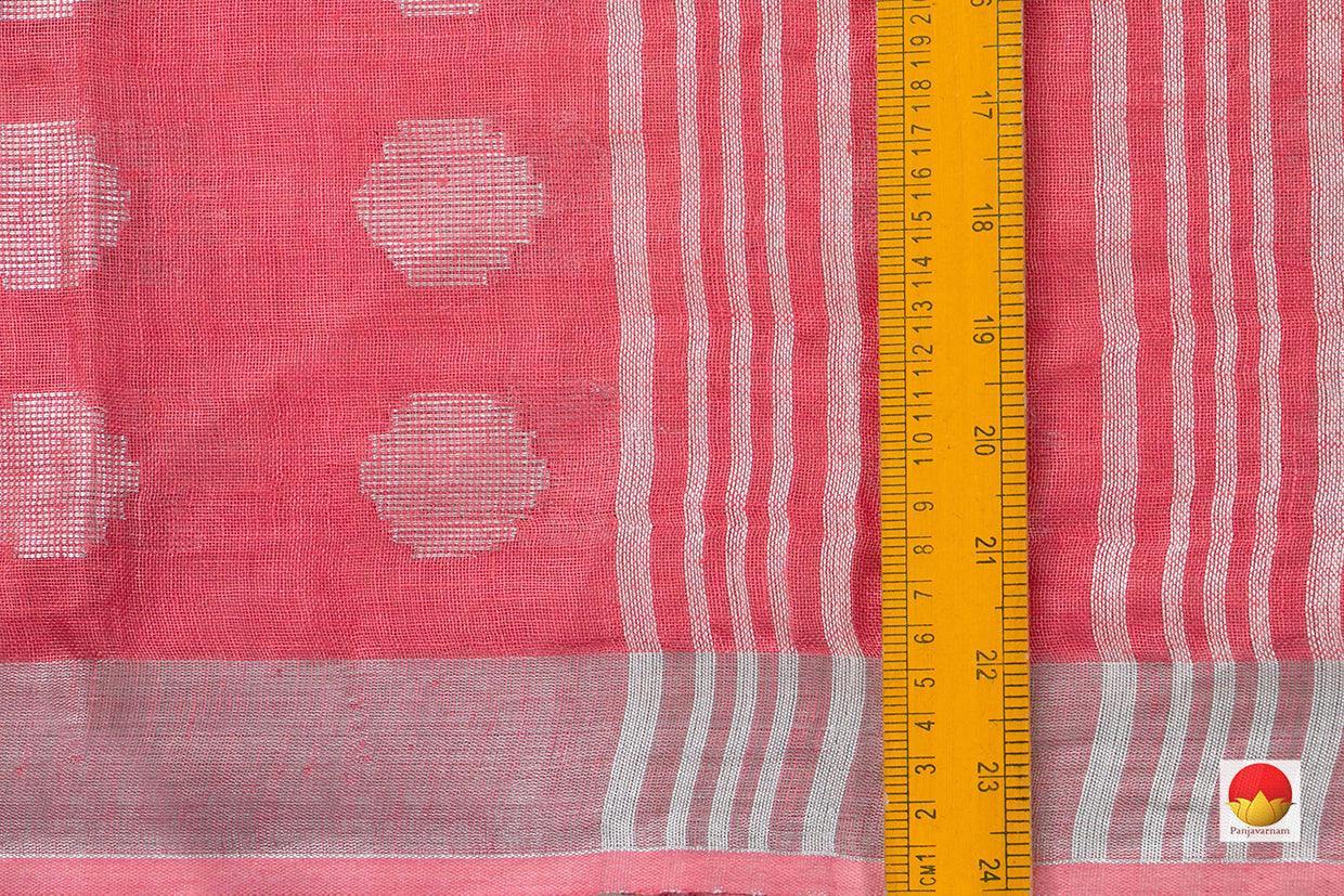 Peach Jamdani Pure Linen Saree With Silver Zari Border Handwoven PL 2014 - Linen Sari - Panjavarnam PL 2014