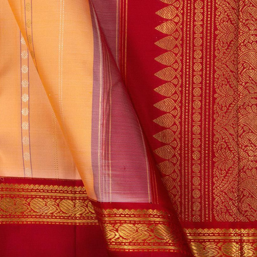 Peach Kanchipuram Silk Saree With Red Korvai Rettai Pettu Border And Zari Stripes Handwoven Pure Silk Pure Zari For Wedding Wear PV J 998 - Silk Sari - Panjavarnam PV J 998