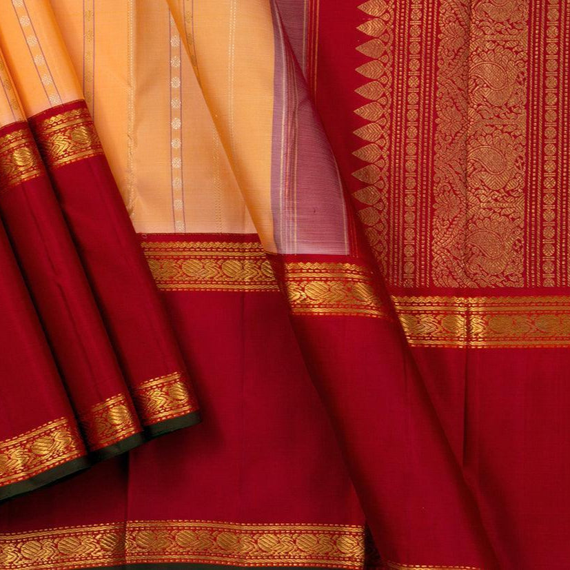 Peach Kanchipuram Silk Saree With Red Korvai Rettai Pettu Border And Zari Stripes Handwoven Pure Silk Pure Zari For Wedding Wear PV J 998 - Silk Sari - Panjavarnam PV J 998