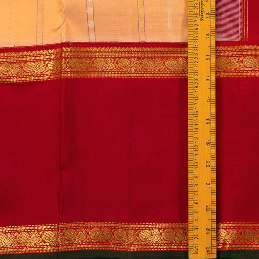 Peach Kanchipuram Silk Saree With Red Korvai Rettai Pettu Border And Zari Stripes Handwoven Pure Silk Pure Zari For Wedding Wear PV J 998 - Silk Sari - Panjavarnam PV J 998