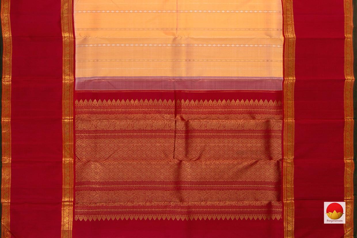 Peach Kanchipuram Silk Saree With Red Korvai Rettai Pettu Border And Zari Stripes Handwoven Pure Silk Pure Zari For Wedding Wear PV J 998 - Silk Sari - Panjavarnam PV J 998