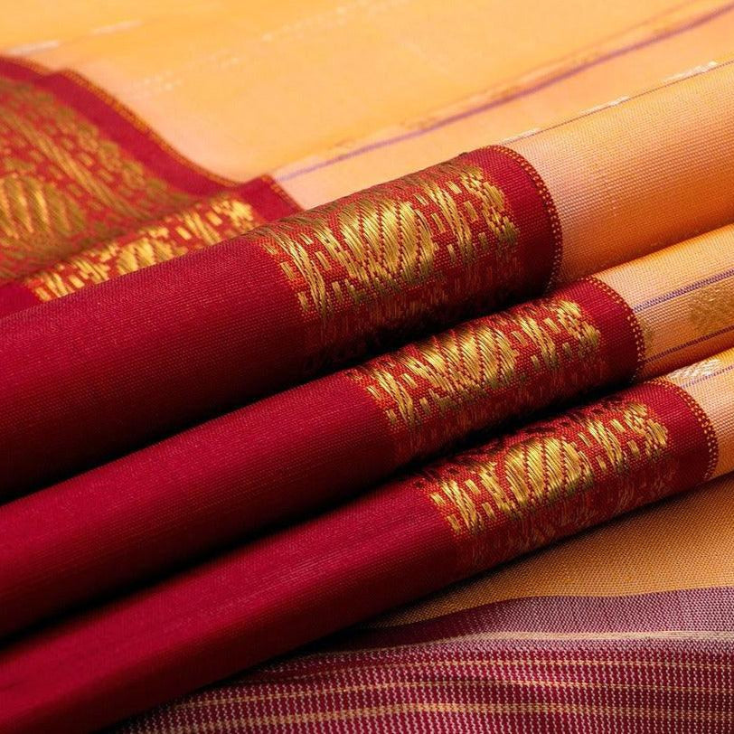Peach Kanchipuram Silk Saree With Red Korvai Rettai Pettu Border And Zari Stripes Handwoven Pure Silk Pure Zari For Wedding Wear PV J 998 - Silk Sari - Panjavarnam PV J 998