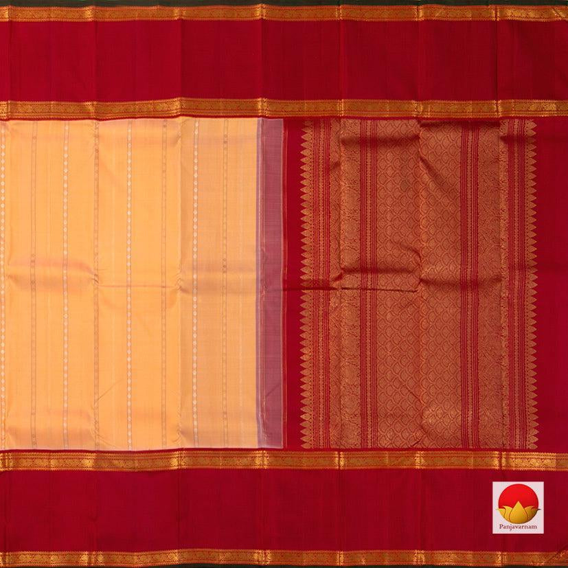Peach Kanchipuram Silk Saree With Red Korvai Rettai Pettu Border And Zari Stripes Handwoven Pure Silk Pure Zari For Wedding Wear PV J 998 - Silk Sari - Panjavarnam PV J 998