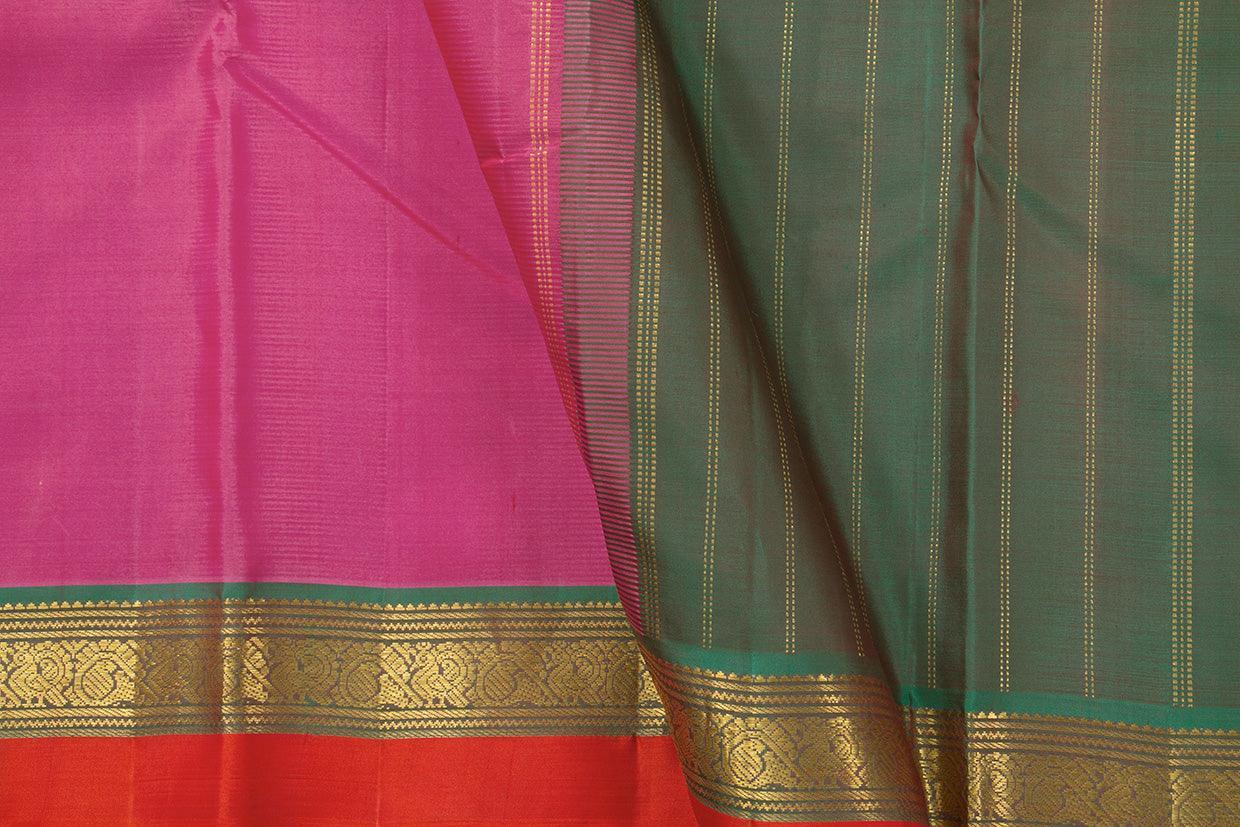 Pink And Green Kanchipuram Silk Saree With Short Border Handwoven Pure Silk For Festive Wear PV J 547 - Silk Sari - Panjavarnam PV J 547