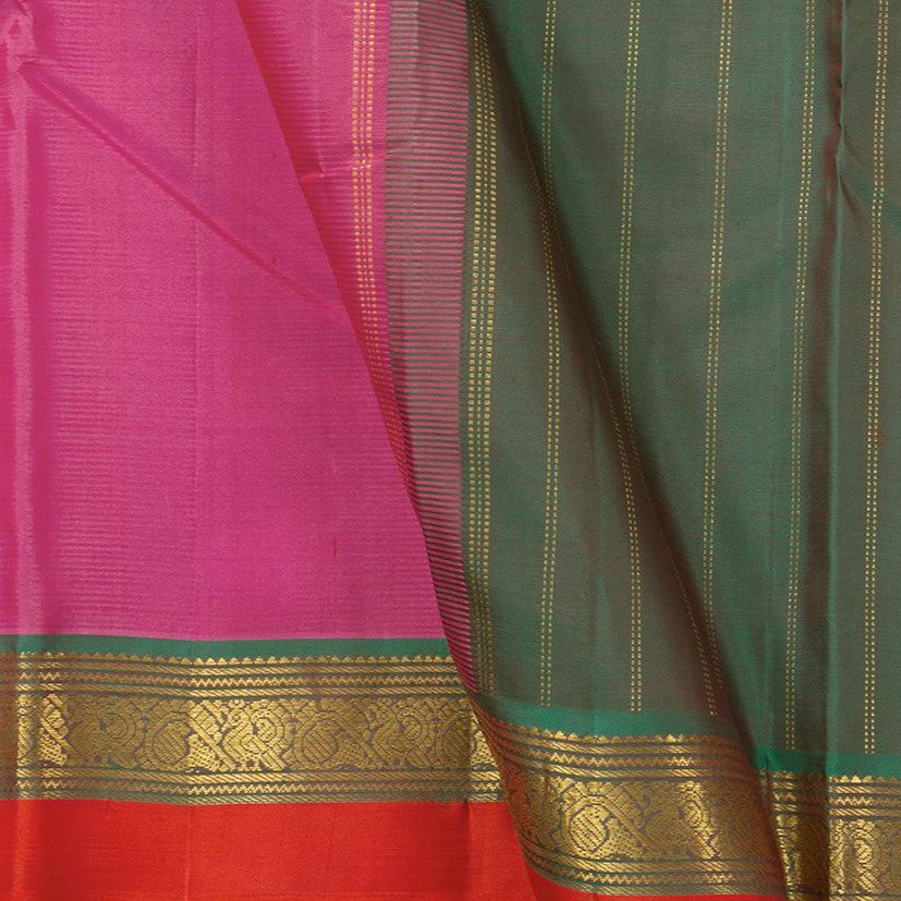 Pink And Green Kanchipuram Silk Saree With Short Border Handwoven Pure Silk For Festive Wear PV J 547 - Silk Sari - Panjavarnam PV J 547