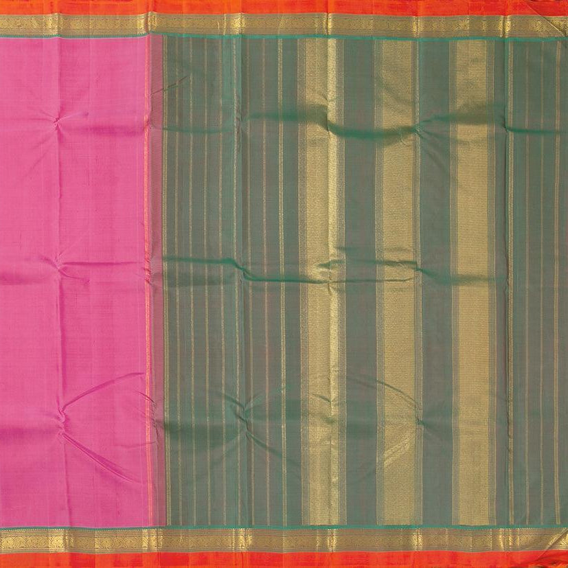 Pink And Green Kanchipuram Silk Saree With Short Border Handwoven Pure Silk For Festive Wear PV J 547 - Silk Sari - Panjavarnam PV J 547