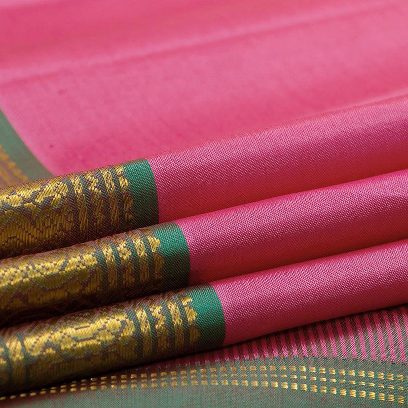 Pink And Green Kanchipuram Silk Saree With Short Border Handwoven Pure Silk For Festive Wear PV J 547 - Silk Sari - Panjavarnam PV J 547