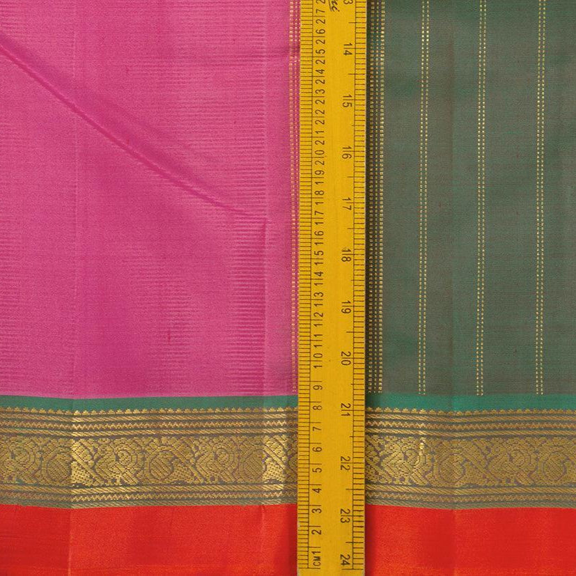 Pink And Green Kanchipuram Silk Saree With Short Border Handwoven Pure Silk For Festive Wear PV J 547 - Silk Sari - Panjavarnam PV J 547