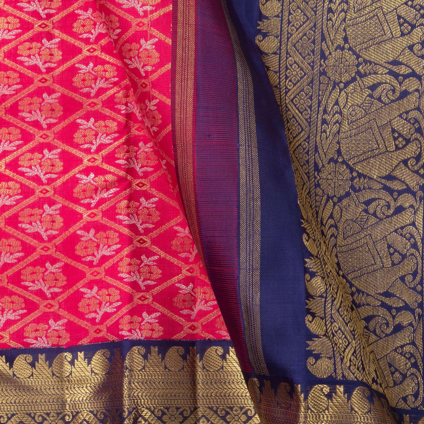 Pink And Navy Blue Kanchipuram Silk Saree For Wedding Wear PV NYC 1384 - Silk Sari - Panjavarnam PV NYC 1384