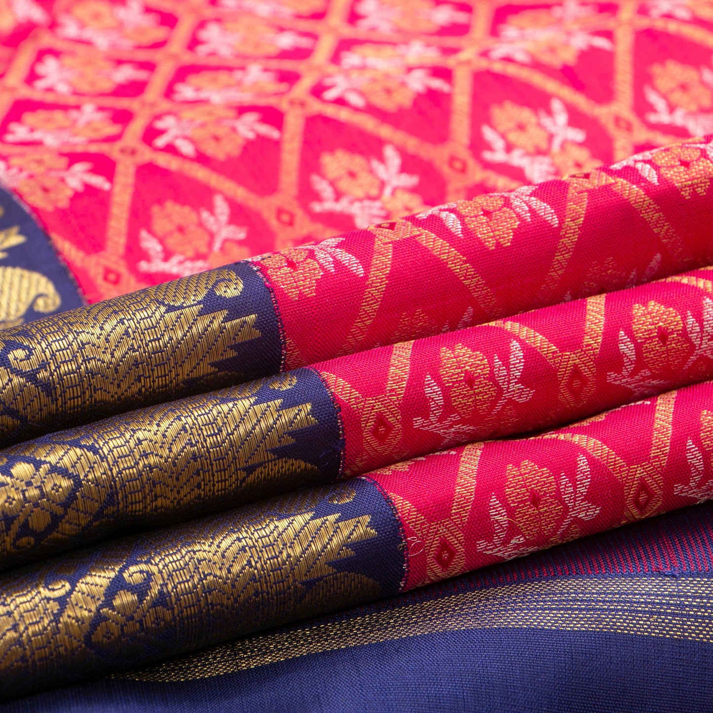 Pink And Navy Blue Kanchipuram Silk Saree For Wedding Wear PV NYC 1384 - Silk Sari - Panjavarnam PV NYC 1384