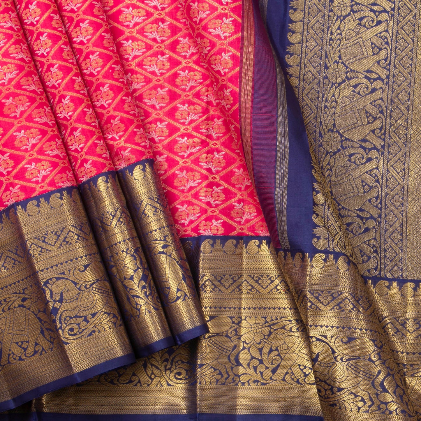 Pink And Navy Blue Kanchipuram Silk Saree For Wedding Wear PV NYC 1384 - Silk Sari - Panjavarnam PV NYC 1384
