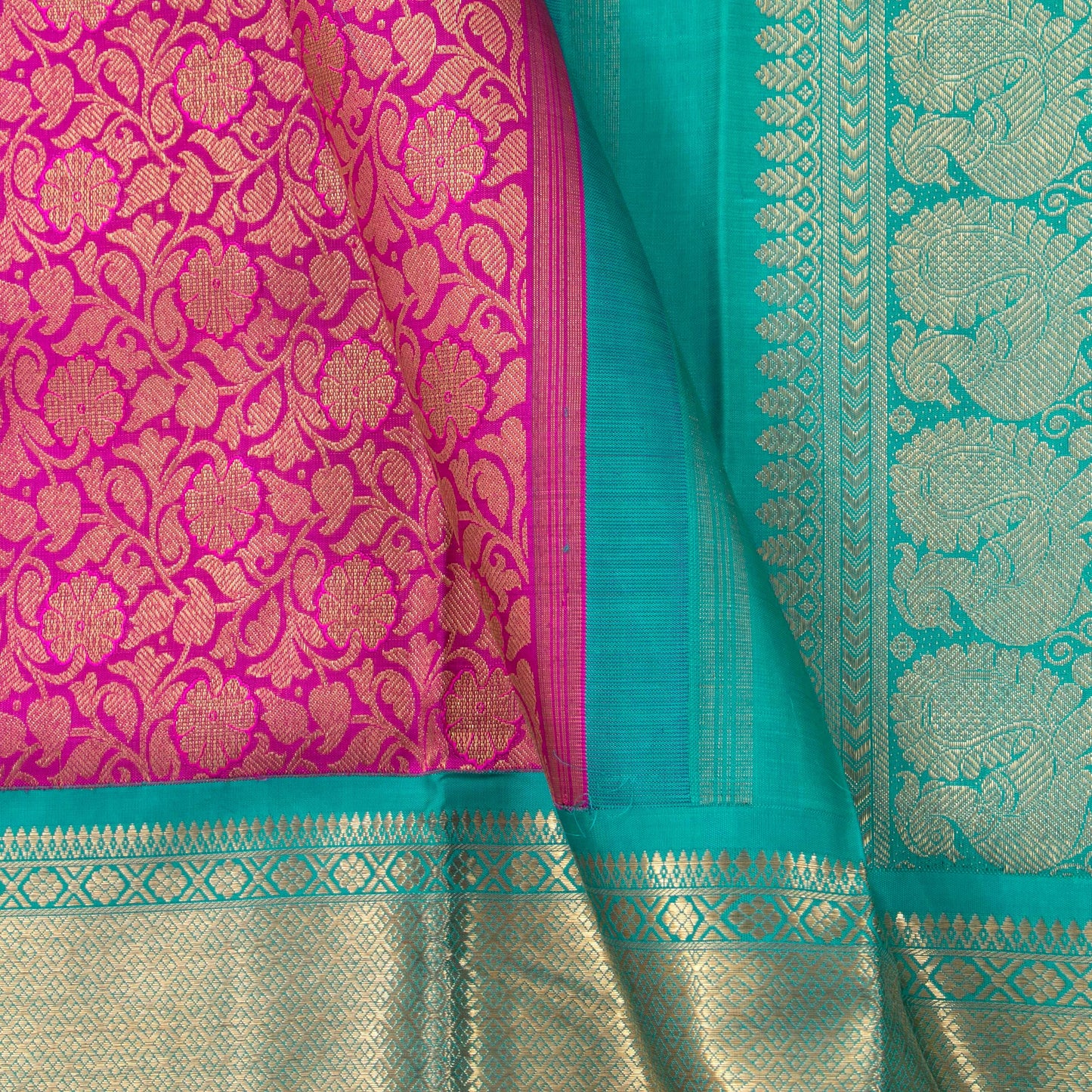 Pink And Turquoise Blue Kanchipuram Silk Saree For Wedding Wear PV NYC 1362 - Silk Sari - Panjavarnam PV NYC 1362