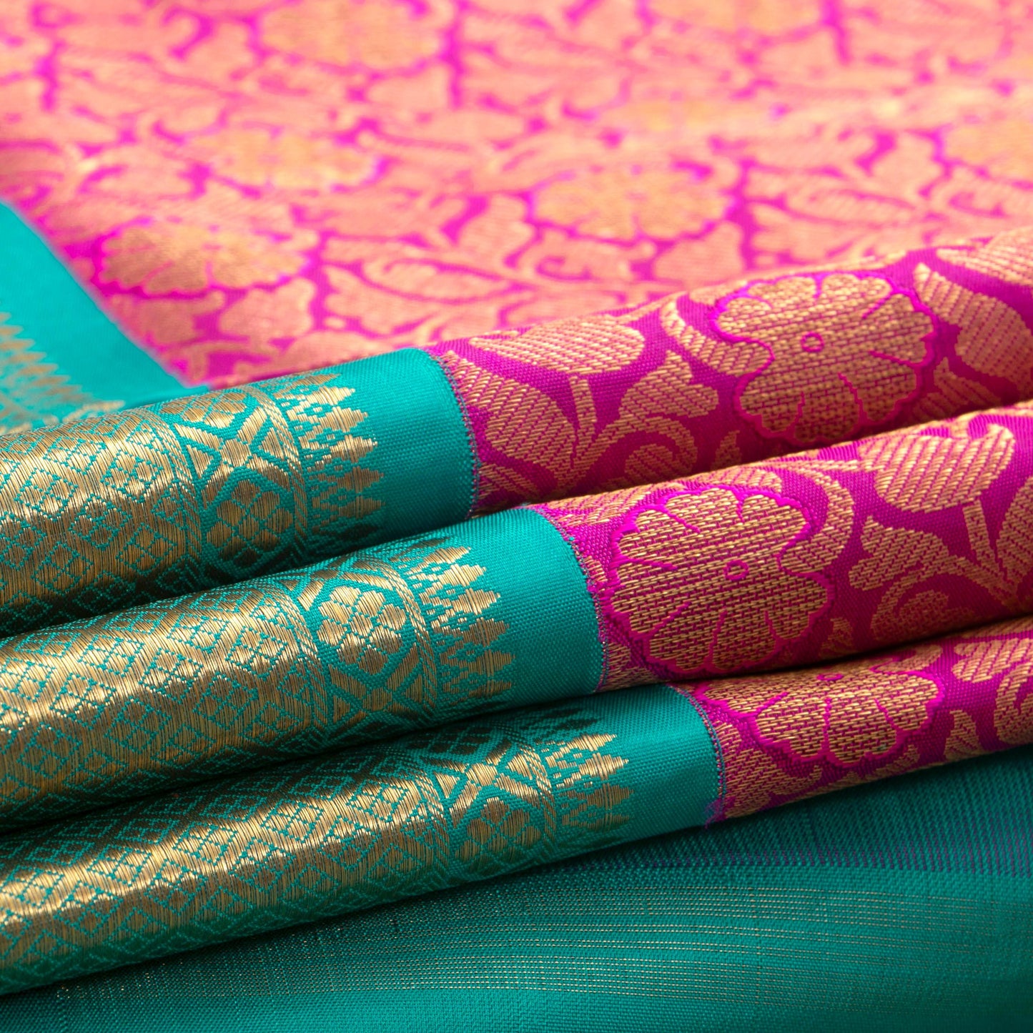 Pink And Turquoise Blue Kanchipuram Silk Saree For Wedding Wear PV NYC 1362 - Silk Sari - Panjavarnam PV NYC 1362