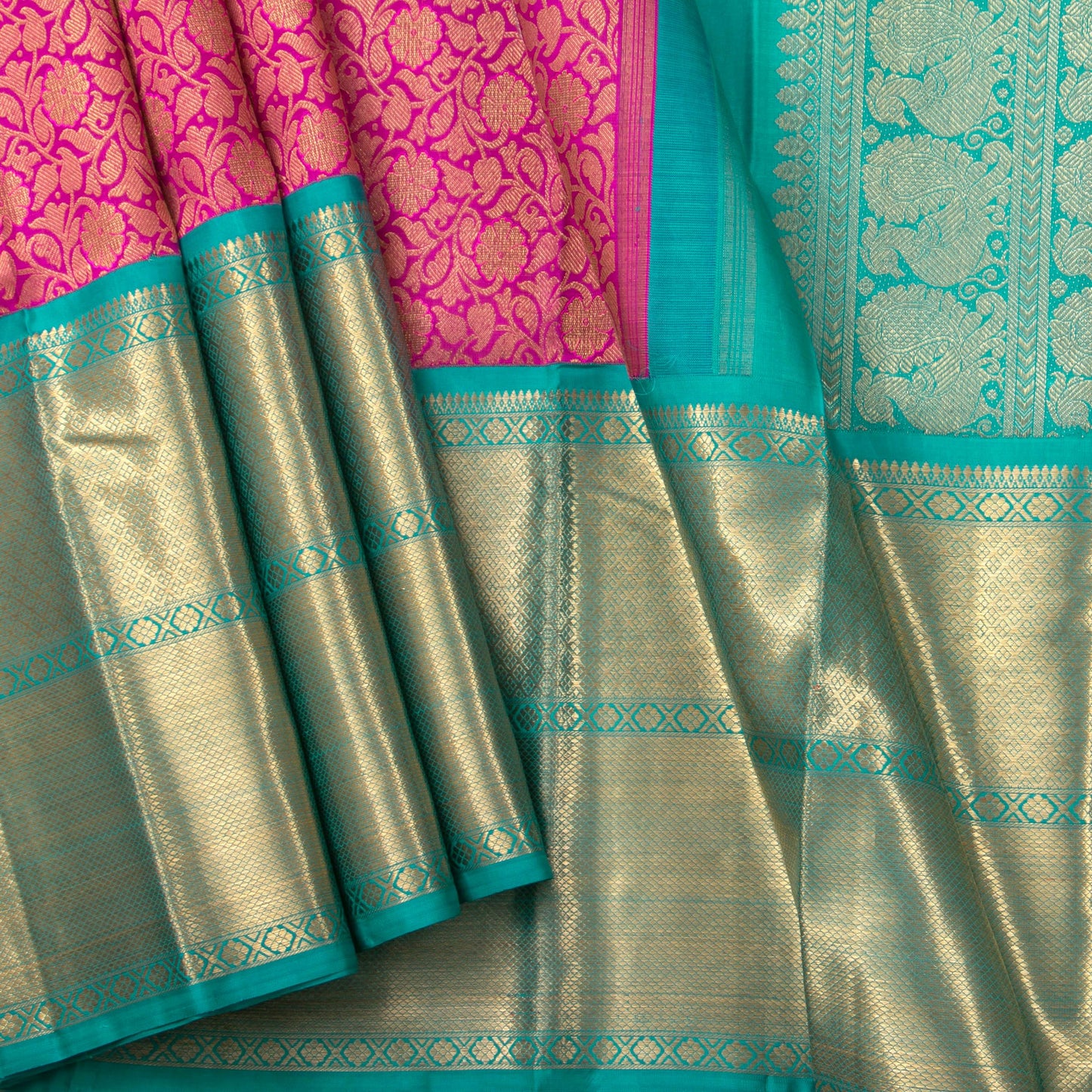 Pink And Turquoise Blue Kanchipuram Silk Saree For Wedding Wear PV NYC 1362 - Silk Sari - Panjavarnam PV NYC 1362