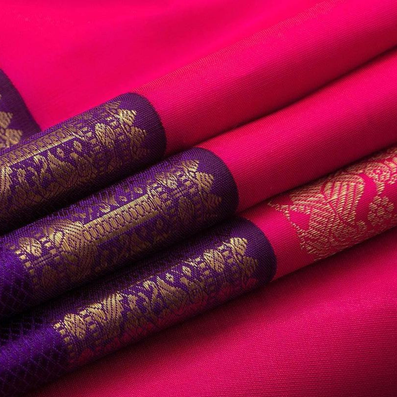 Pink And Violet Kanchipuram Silk Saree Handwoven Pure Silk Pure Zari With Rettai Pettu Border For Festive Wear PV GTA 93 - Silk Sari - Panjavarnam PV GTA 93
