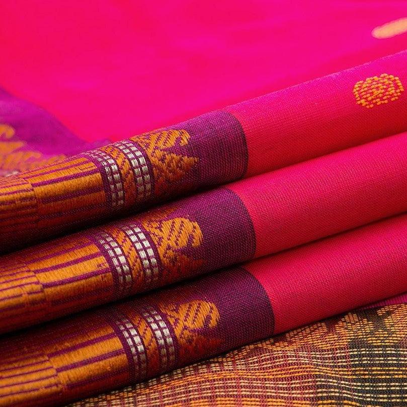 Pink Kanchi Silk Cotton Saree With Silk Thread Work Handwoven For Office Wear PV KSC 1195 - Cotton Saree - Panjavarnam PV KSC 1195