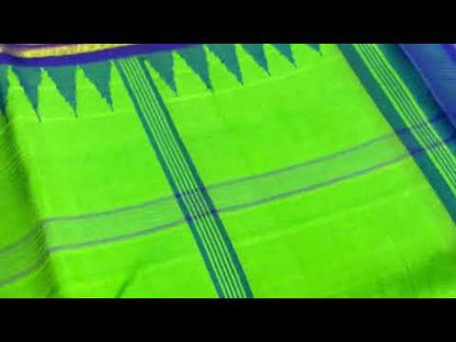 Green And Blue Temple Korvai Border Kanchipuram Silk Saree Handwoven Pure Silk Pure Zari For Festive Wear PV G 4055