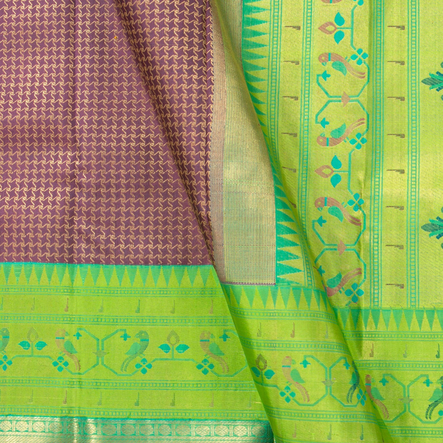 Purple And Green Kanchipuram Silk Saree Paithani Border For Wedding Wear PV NYC 1401 - Silk Sari - Panjavarnam PV NYC 1401