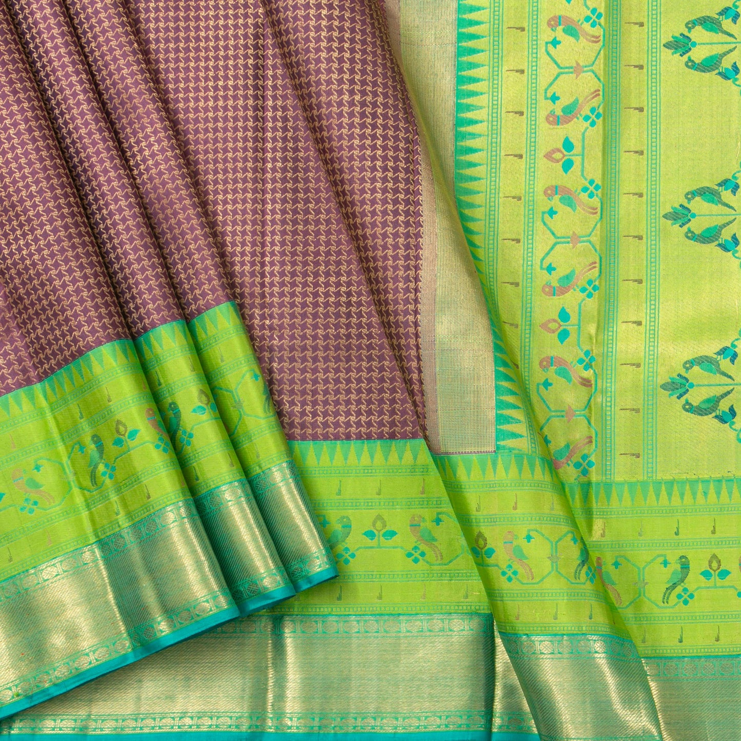 Purple And Green Kanchipuram Silk Saree Paithani Border For Wedding Wear PV NYC 1401 - Silk Sari - Panjavarnam PV NYC 1401