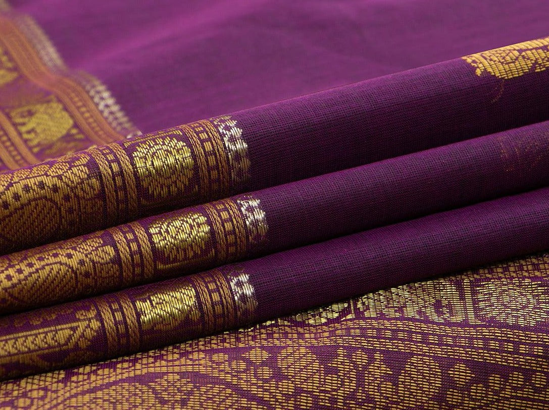 Purple And Mustard Kanchi Cotton Saree For Office Wear PV KC 405 - Cotton Saree - Panjavarnam