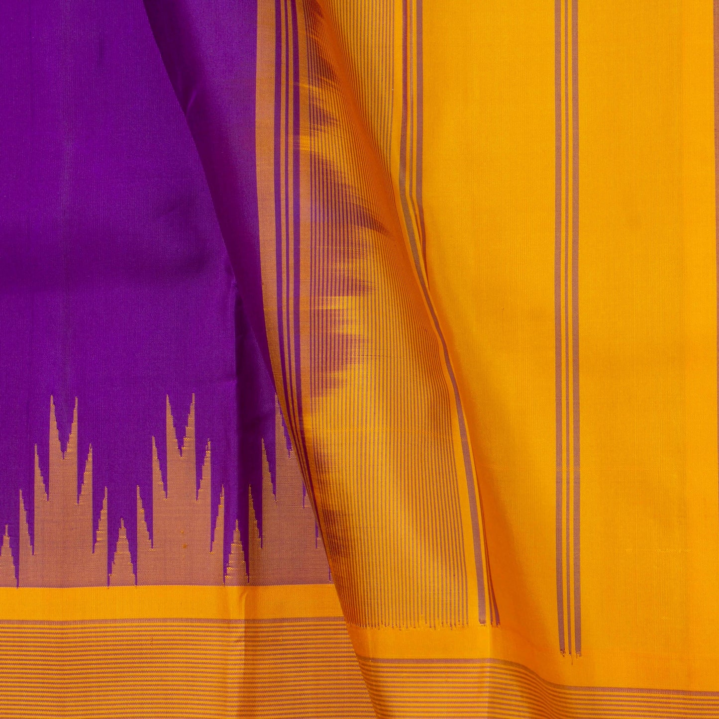 Purple And Mustard Temple Border Kanchipuram No Zari Silk Saree Light Weight For Festive Wear PV KNN 247 A - Silk Sari - Panjavarnam PV KNN 247 A