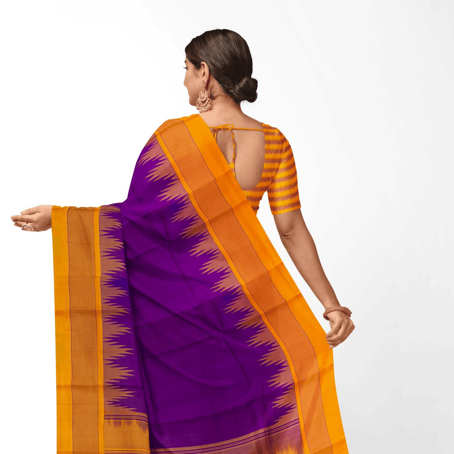Purple And Mustard Temple Border Kanchipuram No Zari Silk Saree Light Weight For Festive Wear PV KNN 247 A - Silk Sari - Panjavarnam PV KNN 247 A