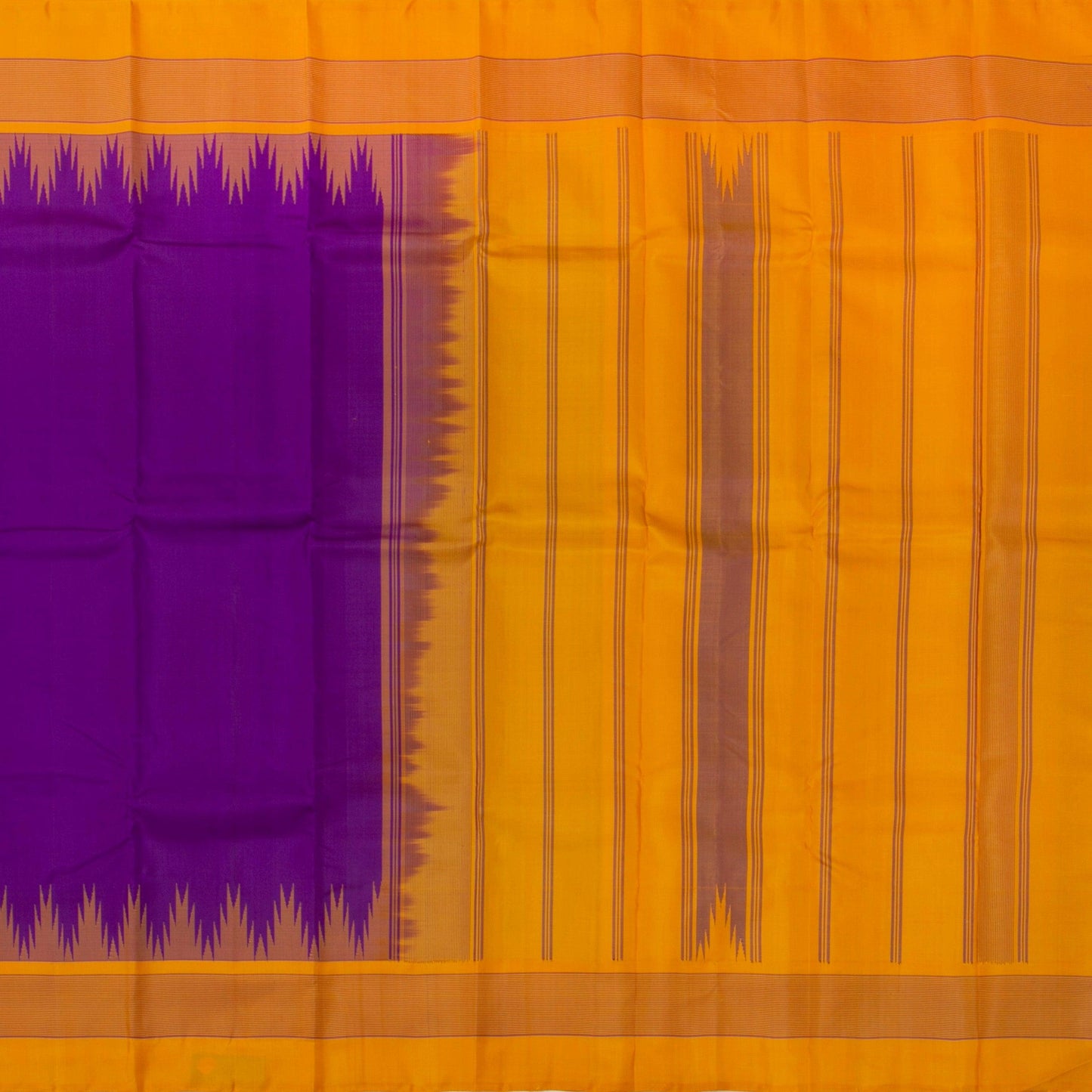 Purple And Mustard Temple Border Kanchipuram No Zari Silk Saree Light Weight For Festive Wear PV KNN 247 A - Silk Sari - Panjavarnam PV KNN 247 A