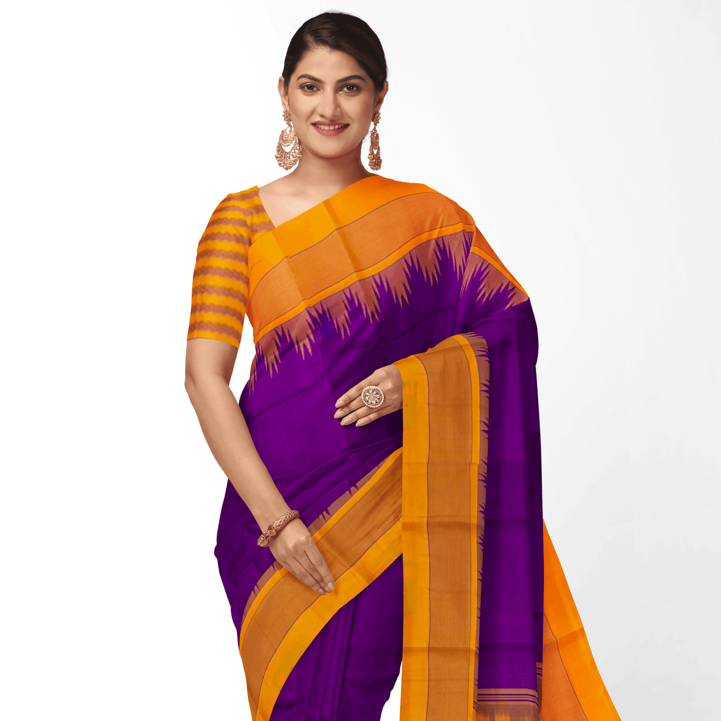Purple And Mustard Temple Border Kanchipuram No Zari Silk Saree Light Weight For Festive Wear PV KNN 247 A - Silk Sari - Panjavarnam PV KNN 247 A
