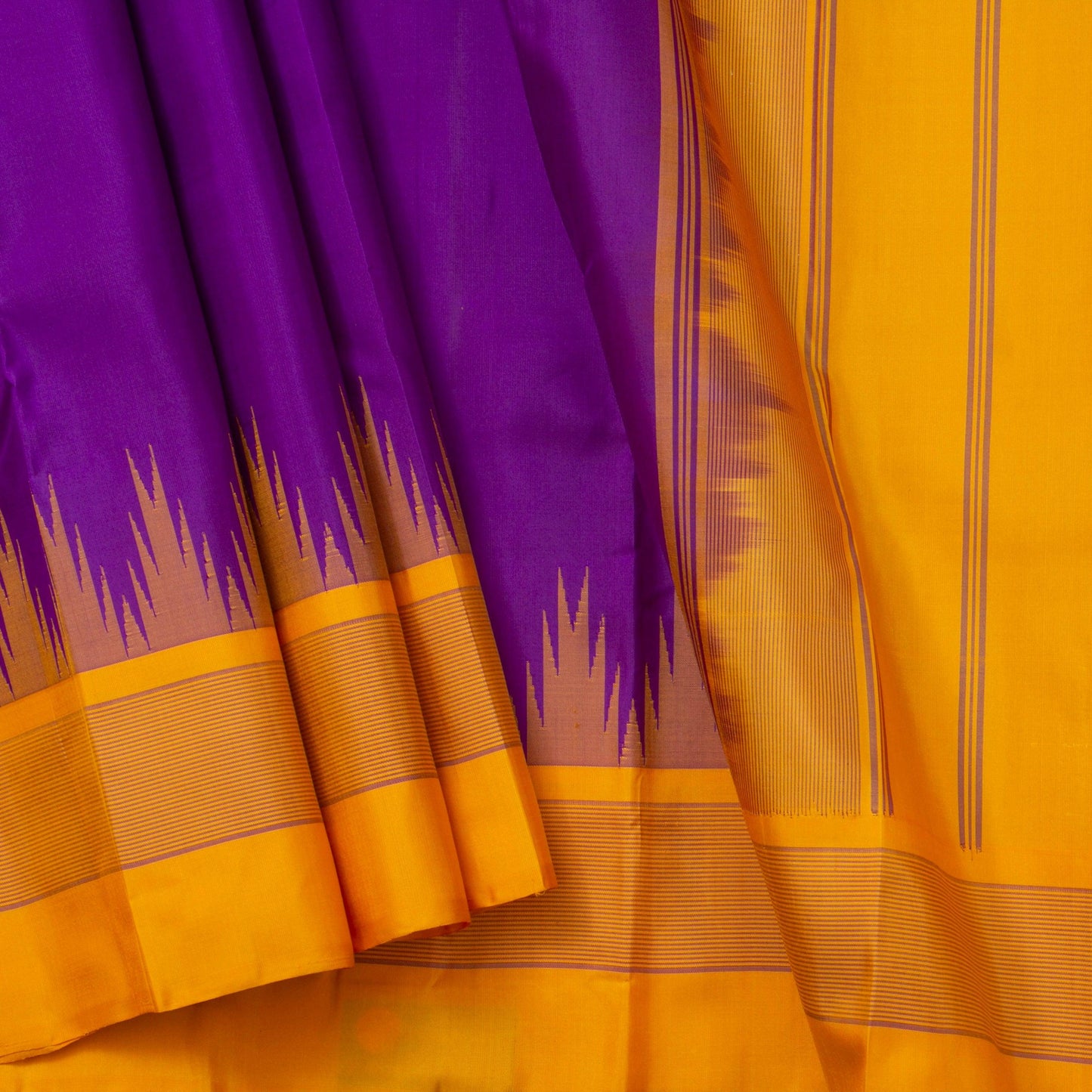 Purple And Mustard Temple Border Kanchipuram No Zari Silk Saree Light Weight For Festive Wear PV KNN 247 A - Silk Sari - Panjavarnam PV KNN 247 A