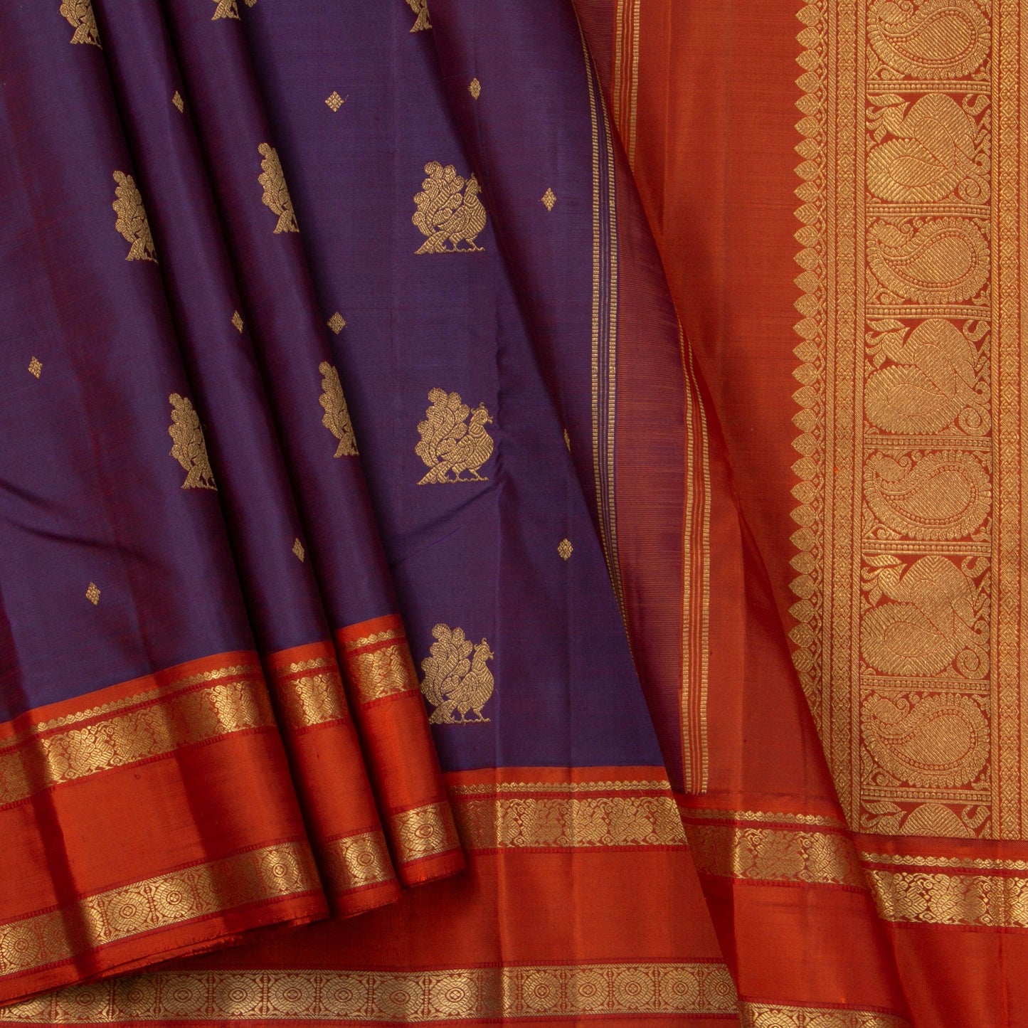 Purple And Orange Kanchipuram Silk Saree Handwoven Pure Silk Pure Zari For Festive Wear PV GTA 99 - Silk Sari - Panjavarnam PV GTA 99