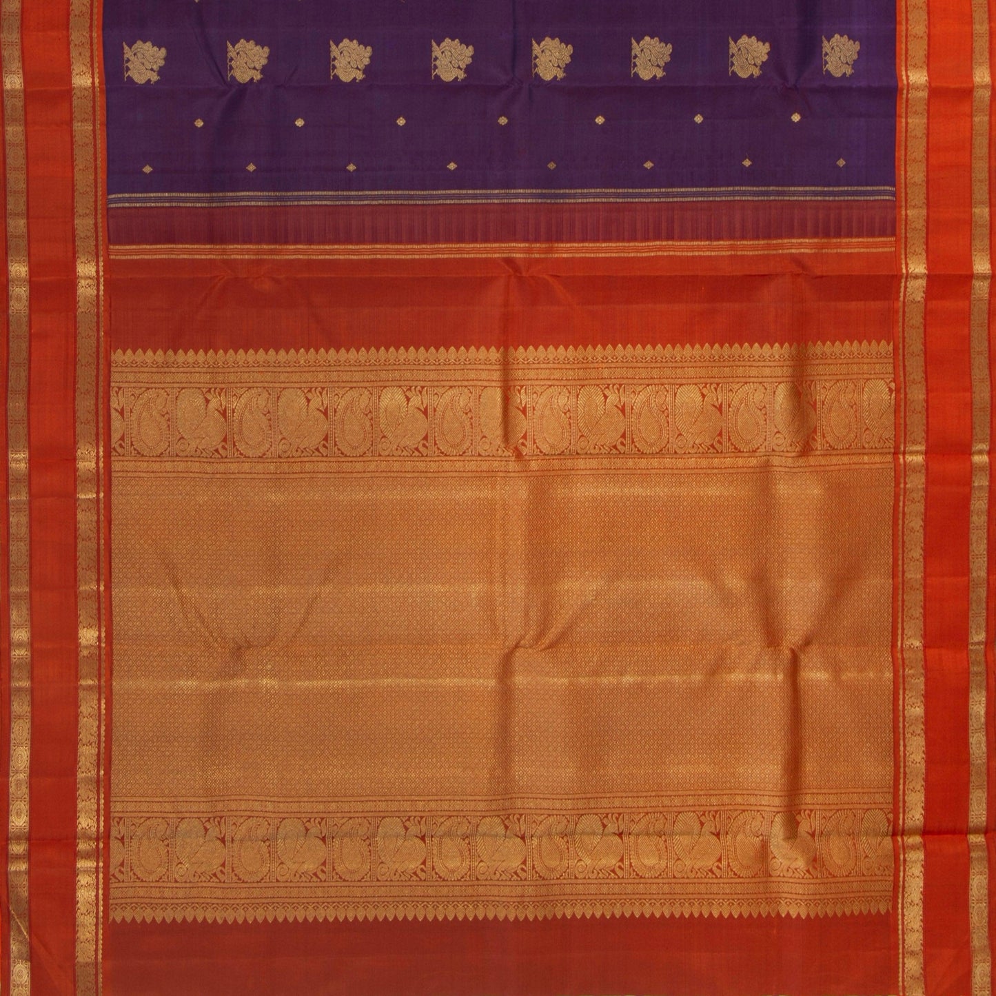 Purple And Orange Kanchipuram Silk Saree Handwoven Pure Silk Pure Zari For Festive Wear PV GTA 99 - Silk Sari - Panjavarnam PV GTA 99
