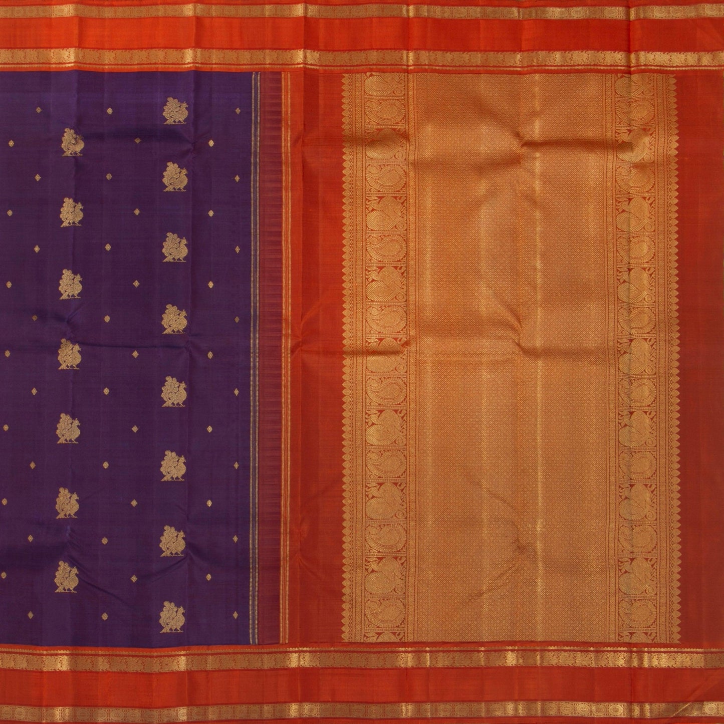 Purple And Orange Kanchipuram Silk Saree Handwoven Pure Silk Pure Zari For Festive Wear PV GTA 99 - Silk Sari - Panjavarnam PV GTA 99