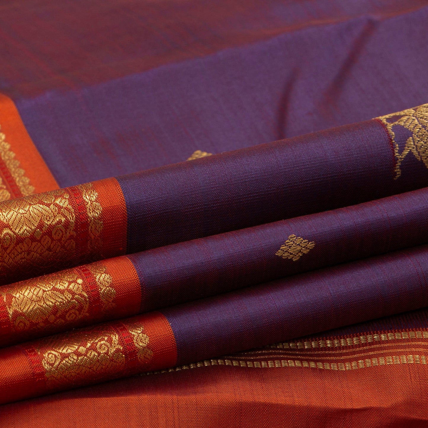 Purple And Orange Kanchipuram Silk Saree Handwoven Pure Silk Pure Zari For Festive Wear PV GTA 99 - Silk Sari - Panjavarnam PV GTA 99