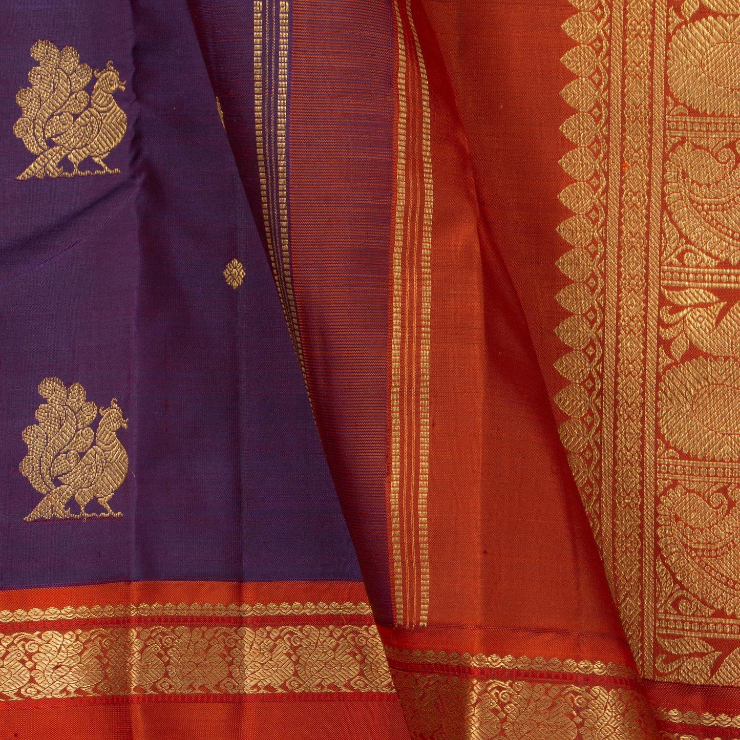 Purple And Orange Kanchipuram Silk Saree Handwoven Pure Silk Pure Zari For Festive Wear PV GTA 99 - Silk Sari - Panjavarnam PV GTA 99